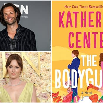 A promotional collage featuring two celebrities alongside the book cover of "The Bodyguard" by Katherine Center. The cover showcases a colorful illustration of two characters standing back to back, with flowers and a bright background.