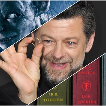 A collage featuring Gollum from 'The Lord of the Rings,' actor Andy Serkis holding a ring, and the covers of J.R.R. Tolkien's books 'The Two Towers' and 'The Return of the King.' The image highlights key elements of 'The Hunt for Gollum.'