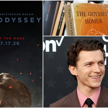 A promotional collage for 'The Odyssey' directed by Christopher Nolan, featuring a movie poster with the tagline 'Defy the Gods' and a release date of July 17, 2026, alongside a close-up of Homer's 'The Odyssey' book and a smiling young man in formal attire.