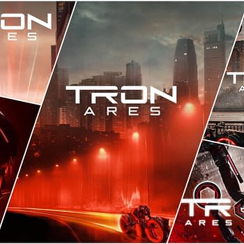 A promotional poster collage for 'TRON: Ares', featuring bold text with the title prominently displayed. The design includes futuristic imagery with vibrant red tones, depicting a character in a helmet and cityscape, suggesting action and sci-fi themes.