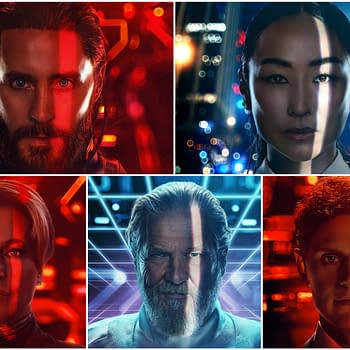 A collage of characters from the film 'Tron: Ares,' featuring five individuals with vibrant, neon lighting predominantly in red and blue hues, conveying a futuristic and mysterious atmosphere.