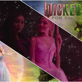 A collage from the musical "Wicked: For Good" featuring two main characters, one with dark hair in a dark outfit and the other in a light pink gown, both looking at each other. The image also includes a flying witch in a green outfit and a sparkling backdrop, emphasizing the magical theme.