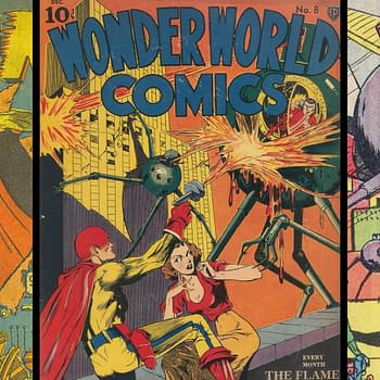 Wonderworld Comics #8 (Fox, 1939). A colorful illustrated comic cover featuring characters engaged in action. A hero in a red cape battles a giant mechanical spider while a woman looks on, set against a vibrant background depicting explosions and a cityscape.