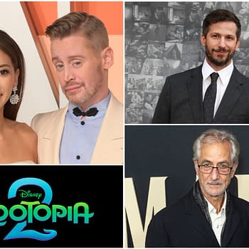 A graphic promoting 'Zootopia 2' features a colorful logo with the title prominently displayed. Surrounding the logo are images of actors Macaulay Culkin, Brenda Song, Andy Samberg, and another individual, each in stylish attire, celebrating their casting in the film.