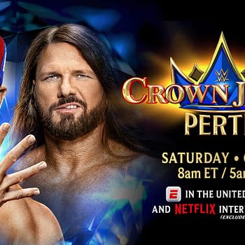 A promotional graphic for WWE Crown Jewel featuring John Cena and AJ Styles. The event takes place in Perth, Australia, on October 11, with viewing information included.