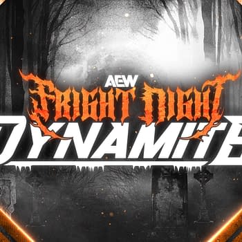 A graphic for AEW Fright Night Dynamite features the title in bold, stylized letters. The background has a dark, eerie forest with subtle grave markers and web-like designs, enhancing the spooky theme.