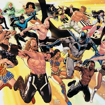A colorful comic-style illustration showcasing a crossover of wrestling and superhero characters from AEW and DC Comics, including iconic figures like Batman and Wonder Woman, among others, all dynamic and in action poses against a bright backdrop.