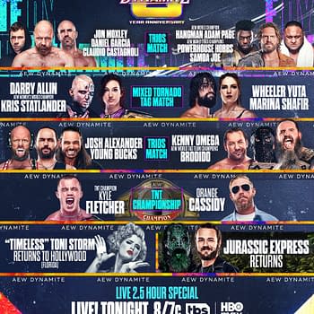 A vibrant promotional poster for the six-year anniversary of AEW Dynamite, featuring various professional wrestlers and event details, including match types such as Trios and Mixed Tornado Tag. The poster highlights the event's date and time, and the TNT Championship.