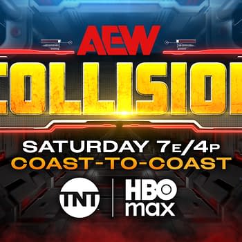 A promotional graphic for AEW Collision featuring bold orange lettering against a dark, futuristic background. Key details include the showtime of Saturday at 7 PM EST, along with logos for TNT and HBO Max.