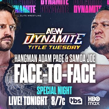 A promotional graphic for AEW Dynamite featuring two wrestlers, Hangman Adam Page and Samoa Joe, facing each other. The event highlights the title match happening live.