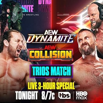 A promotional graphic for a wrestling event featuring two teams: Kenny Omega and Jurassic Express against Mark Davis, Hechicero, and Josh Alexander. Text indicates it's a live three-hour special on TBS, airing tonight at 8/7c.