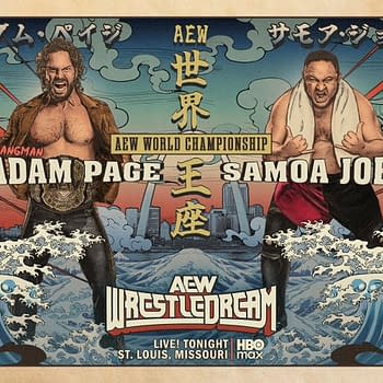 A colorful illustration showcasing two wrestlers, Adam Page and Samoa Joe, facing off against an ocean backdrop, promoting the AEW World Championship event. The design includes Japanese text and features vibrant waves and shore elements.