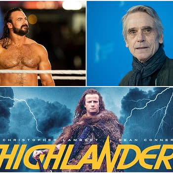 A collage featuring wrestler Drew McIntyre on the left, actor Jeremy Irons on the right, and a promotional poster for the film 'Highlander' at the bottom, which showcases a character holding a sword against a stormy backdrop.