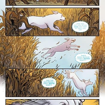 A cartoon illustration from 'Krypto: The Last Dog of Krypton' shows a white dog running through tall grass. The scene conveys tension, with dialogue bubbles indicating a conversation between characters. The dog looks determined and focuses on its surroundings.