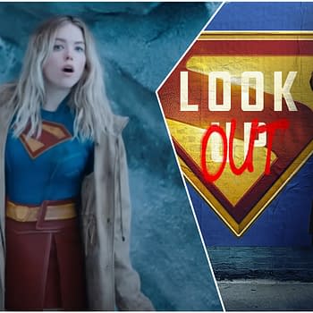 A collage featuring a character in a Supergirl costume with a blue top and red skirt, looking surprised in a snowy setting. The other side shows the Supergirl emblem with the words 'LOOK OUT' spray-painted across it.