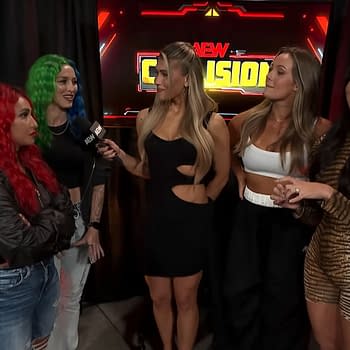 Nixon Newell and Miranda Alize appear poised to face off against Anna Jay and Tay Melo on AEW Collision. The scene captures four women interacting, with colorful hairstyles and stylish outfits in a backstage setting.