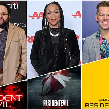 Three actors, Zach Cherry, Kali Reis, and Johnno Wilson, are featured in a collage related to the 'Resident Evil' series. The image also includes various logos and visual elements representing the franchise, such as the iconic umbrella symbol from 'Resident Evil: Welcome to Raccoon City,' amidst promotional graphics.