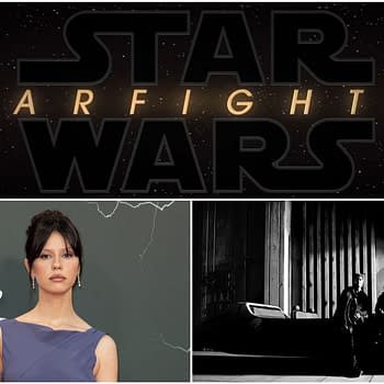 A promotional image for 'Star Wars Starfighter,' featuring the title in bold letters against a starry background. In the foreground, Mia Goth is elegantly posed at an event, wearing a purple dress.