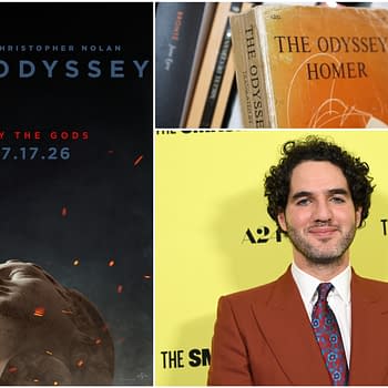A promotional poster for 'The Odyssey,' a film by Christopher Nolan, features a statue's head emerging from darkness with the text 'DEFY THE GODS' and a release date of 07.17.26. Additionally, there is a close-up of an old edition of Homer's 'The Odyssey' and a portrait of Benny Safdie, who appears to be attending a premiere event.
