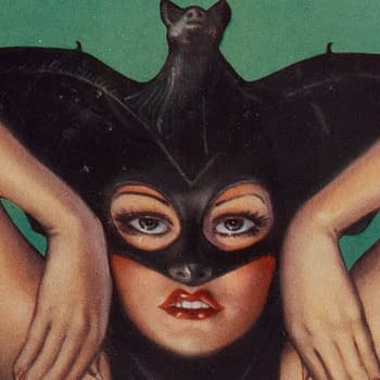 Weird Tales #118 (v2 #4) Popular, October 1933. Cover by Margaret Brundage. A vintage illustration featuring a woman wearing a black mask and a top resembling a bat, striking a dramatic pose against a bright green background.