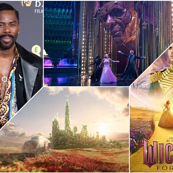 A collage featuring Colman Domingo at a film event, scenes from the musical 'Wicked: For Good,' and a vibrant fantasy landscape. The poster prominently displays the title 'Wicked For Good' with characters in elaborate costumes.