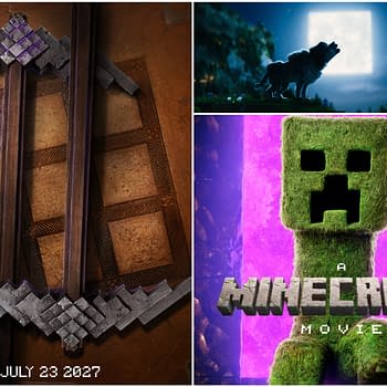 A promotional illustration for 'A Minecraft Movie', featuring iconic elements like a Creeper character with a mossy texture and the title in blocky letters against a vibrant background, along with a date at the bottom.