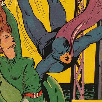 A vibrant comic book illustration featuring a superhero in a blue costume and cape, leaping through the air to save a woman with long red hair dressed in green. The background shows a colorful city skyline and a ship on the water, suggesting an action-packed scene.