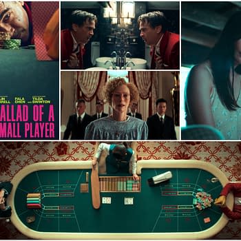 A promotional collage for the film 'Ballad of a Small Player,' featuring scenes with Colin Farrell, Tilda Swinton, and other characters at a casino table, highlighting the film's dramatic tension and gambling theme.