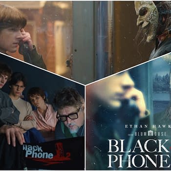 A collage from the film 'Black Phone 2' features scenes with characters Finney using a phone, a group of young actors attentively watching a scene, and a menacing character in a creepy mask. The image includes promotional elements for the film.