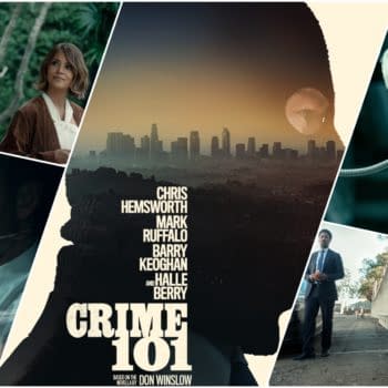 A promotional collage for the film 'Crime 101,' featuring scenes with actors Chris Hemsworth, Halle Berry, Mark Ruffalo, and others, set against a backdrop of a city skyline. The title and credits are prominently displayed.