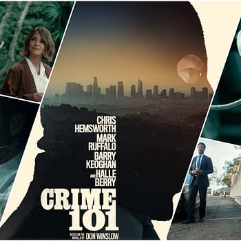 A promotional collage for the film 'Crime 101,' featuring scenes with actors Chris Hemsworth, Halle Berry, Mark Ruffalo, and others, set against a backdrop of a city skyline. The title and credits are prominently displayed.