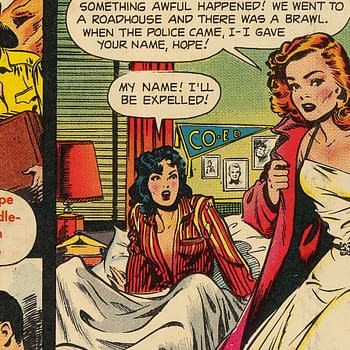 A colorful comic book illustration featuring two women and a man in a domestic setting. One woman appears alarmed, while the other is dressed elegantly and speaks confidently, suggesting a dramatic situation involving a roadhouse brawl.