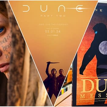 A close-up of a woman with blue eyes and intricate markings on her face, partially obscured by fabric, representing Lady Jessica from the 'Dune' saga. The background includes elements related to the 'Dune' films and books, emphasizing the sequel to the story.