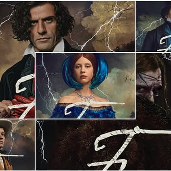 A character poster featuring several individuals with a dark, dramatic theme, surrounded by lightning and stormy skies. Notable figures include characters styled in historical attire, some with intense expressions, evoking a sense of mystery and suspense.