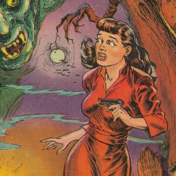 A vintage comic book illustration featuring a frightened woman in a red dress holding a gun, facing a green, eerie ghost with glowing yellow eyes. The background includes spooky elements like trees and ghostly figures, evoking a haunting atmosphere.