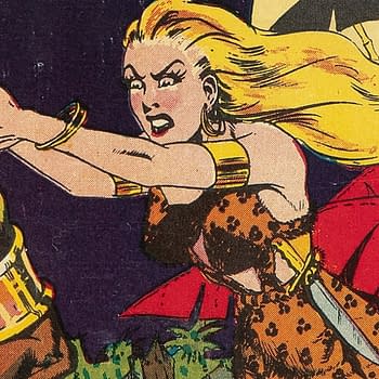 A colorful comic illustration featuring a fierce woman with long blonde hair, dressed in a leopard-print outfit, passionately reaching out with her arms, set against a wild jungle backdrop.