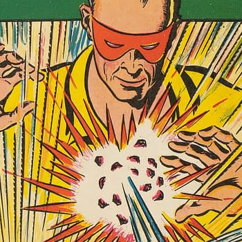 A vibrant cartoon illustration featuring a masked figure in a yellow outfit, performing a mystical gesture with explosive energy erupting from their hands against a bright background.