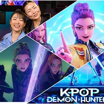 A vibrant illustration featuring characters from 'KPop Demon Hunters', showcasing animated female heroes in stylish outfits and dynamic poses, along with two smiling women in the top left corner. The image highlights themes of action and fantasy, emphasizing the K-pop aesthetic.