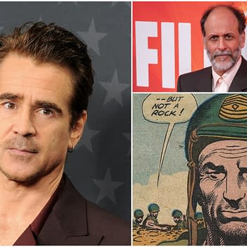A collage featuring actor Colin Farrell on the left, looking thoughtfully into the camera, and filmmaker Luca Guadagnino on the right, with a serious expression against a colorful background. Below them, a comic illustration of a military character with the text "-- BUT NOT A ROCK!" suggesting a play on words related to the Sgt. Rock film.