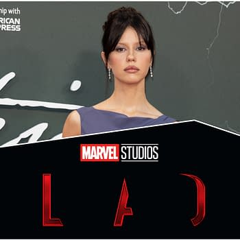 Mia Goth poses on a dark background featuring the text 'MARVEL STUDIOS BLADE' prominently displayed at the bottom. She is wearing a subtle, elegant outfit, capturing a dramatic aesthetic suitable for the movie.