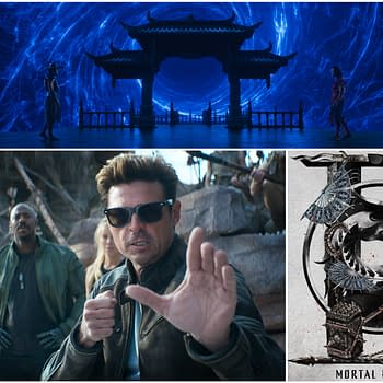 A collage featuring scenes from 'Mortal Kombat 2,' including two figures in a dramatic blue-lit mystical setting, a group of characters with a focus on a determined man in sunglasses making a fighting gesture, and a stylized logo with a dragon motif, emphasizing the game's martial arts theme.