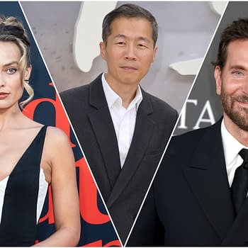 A collage featuring three actors: on the left, a woman with wavy hair and a black and white dress; in the center, a man in a dark blazer; on the right, a man with a beard in a black suit. This image is associated with the announcement of Bradley Cooper and Margot Robbie joining the cast of an Ocean's prequel.