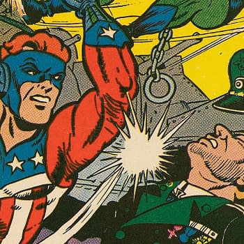 A colorful comic book illustration featuring a muscular superhero in a patriotic costume, striking a man in a military uniform. The scene depicts a dynamic action moment with an explosion in the background and various military elements.