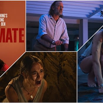 A collage featuring scenes from the horror movie 'Primate,' showing a distressed woman screaming, a concerned man with a cane, and another woman in a crouching position. The image prominently displays the movie title in bold red letters.