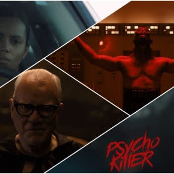 A collage featuring three scenes from the film 'Psycho Killer': a tense woman in a car, a menacing older man in glasses, and a muscular figure with a gas mask in a dramatic red-lit setting, with the film title 'Psycho Killer' in bold red lettering.