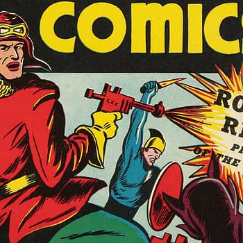 Illustration of a comic book cover featuring a heroic character in a red outfit and goggles, brandishing a weapon, with the title 'Rocket Riley' highlighted in a burst of color. The cover also includes the words 'COMICS' and the issue number.