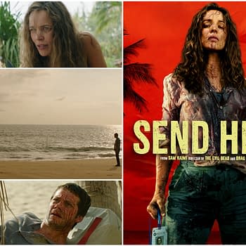 A dramatic movie poster for 'Send Help' featuring a distressed woman covered in blood, standing against a red tropical background adorned with palm trees. The poster highlights the film's intensity and themes of survival and horror.