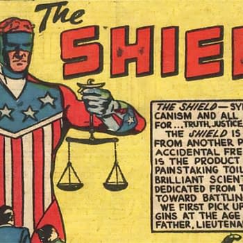 An illustration of The Shield, a superhero dressed in patriotic colors with a star-patterned cape, holding scales of justice in one hand. The background features bold text that emphasizes his role as a symbol of truth, justice, and patriotism.