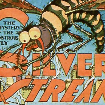 An illustration from Silver Streak Comics #3 featuring a large, cartoonish fly with exaggerated features, hovering over a cityscape while a small man attempts to fend it off. The title 'Silver Streak' is prominently displayed in bold letters.