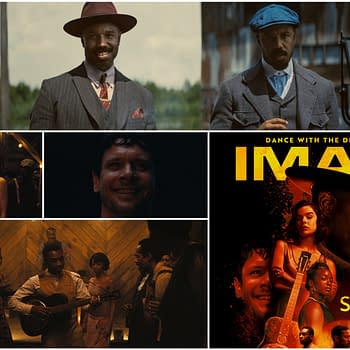 A promotional collage for the film 'Sinners,' showcasing key characters in historical attire and dramatic expressions, with a prominent IMAX logo. The image captures the essence of the film's themes of conflict and music.